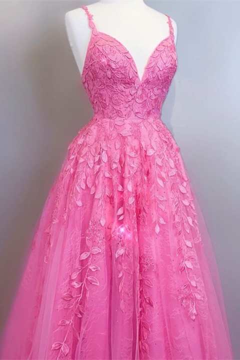 Hot Pink A Line Lace Appliques Prom Dress Dreamdressy 