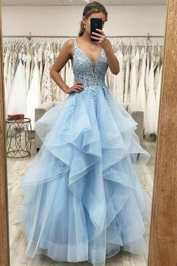 DDreamdressy Light Blue Tulle Off-The-Shoulder Tiered A-Line Prom Dress Light Blue / US 10