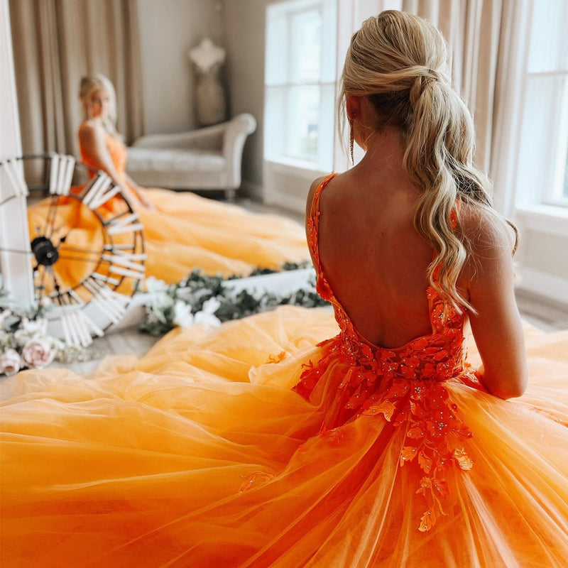 Princess Orange A-line Floral Appliues Long Formal Dress