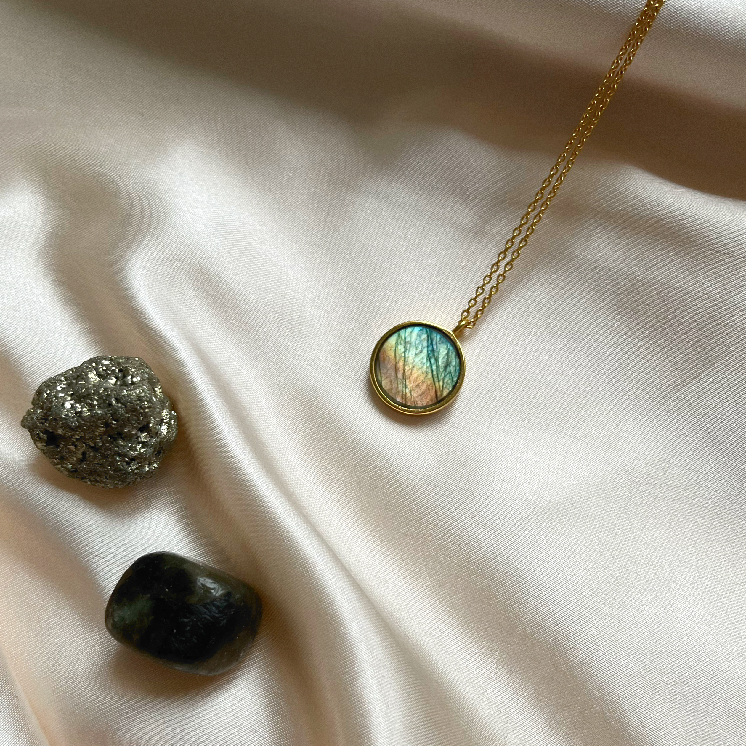 Labradorite Gemstone | Labradorite Gemstone Coin Necklace in 18k Gold Vermeil | Lilith and Selene