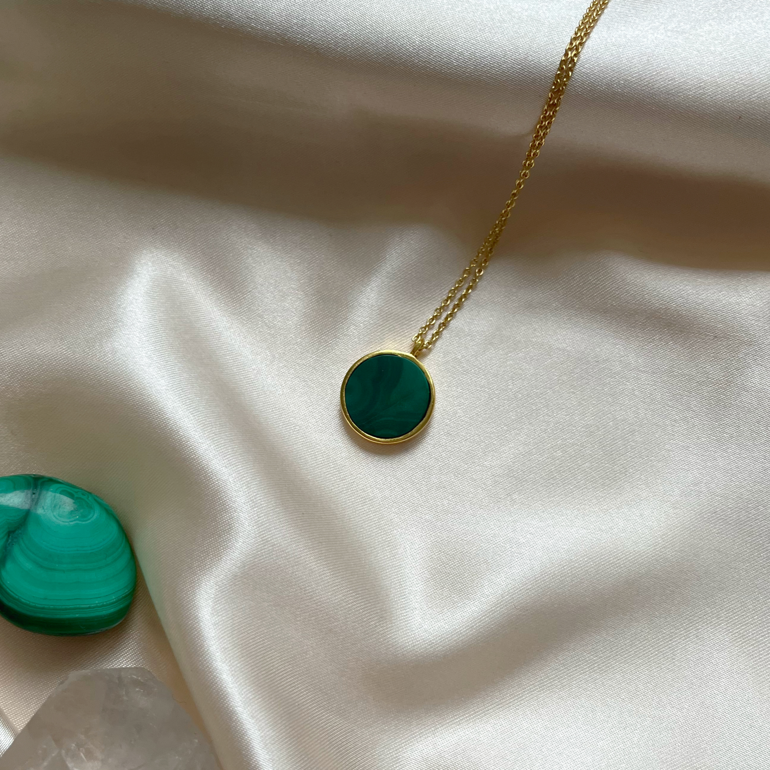 Malachite Gemstone | Malachite Gemstone Coin Necklace in 18k Gold Vermeil | Lilith and Selene