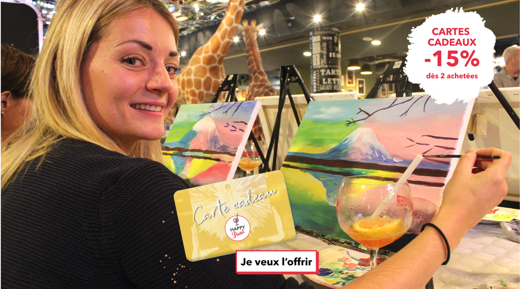 pour 2 cartes cadeaux achetées 15% de réduction pour un cadeau créatif original accessible à tous et un apéro peinture inoubliable