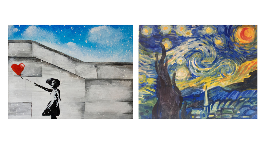 modèles de peinture pour les cours de peinture en ligne avec Happy Paint Online : Nuit étoilée de Van Gogh et la Fillette au ballon de Banksy, à réaliser depuis chez soi en vidéo sans aucune expérience requise