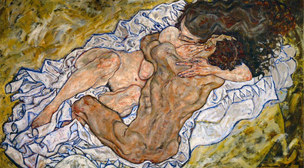 l'amour et la saint valentin sont célébrés en peinture dans le tableau l'étreinte de Schiele