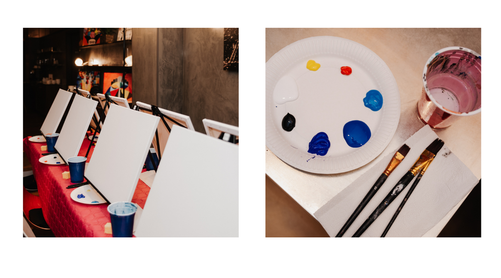 Matériel peinture acrylique avec toiles, pinceaux, palette pour cours de peinture débutant Happy Paint dans un bar