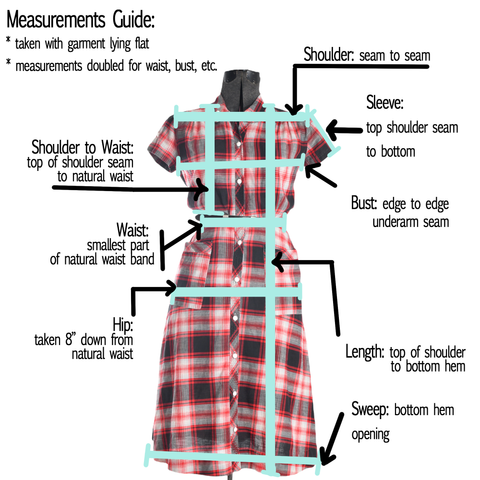 Measurement guide showing where on garment to measure with it lying flat, shoulder is from edge of shoulder seam to other, shoulder to waist is top of shoulder to natural waist, waist is smallest part of natural waist band, hips taken 8 inches down from natural waist, length taken from top of shoulder to bottom hem, sleeve taken from top edge of shoulder seam to bottom of sleeve, sweep taken from edge of side seam to opposite side seam