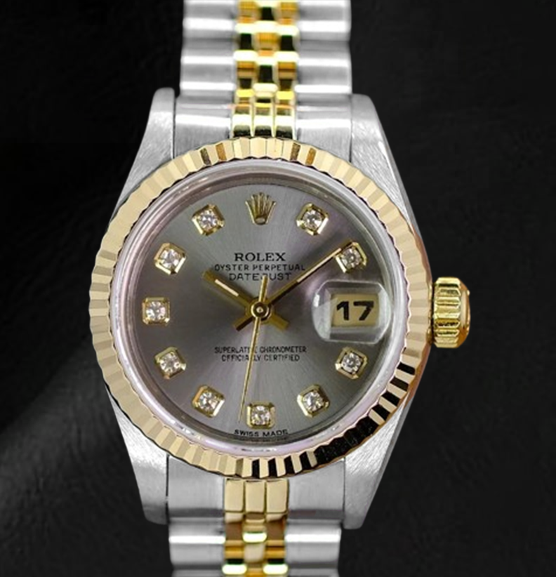 Rolex Year 2001 Datejust Gray Natural Earth Mined Diamond Dial 26 mm Two Tone Ladies Watch