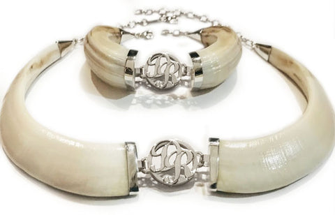 conjunto collar y pulsera jabali natural personalizado en plata de ley