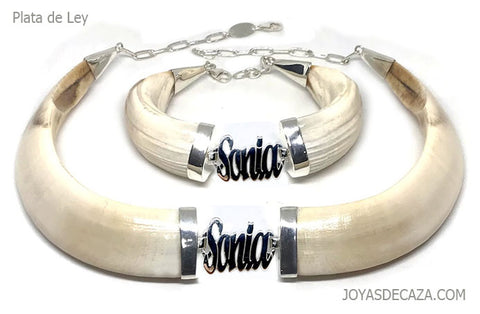 conjunto de collar y pulsera  jabali personalizado con tu nombre con plata