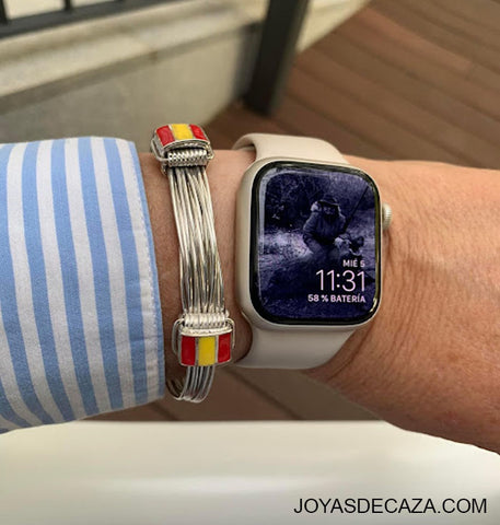 pulsera nudos plata con bandera España esmaltada en plata con reloj desde Cáceres ( España)