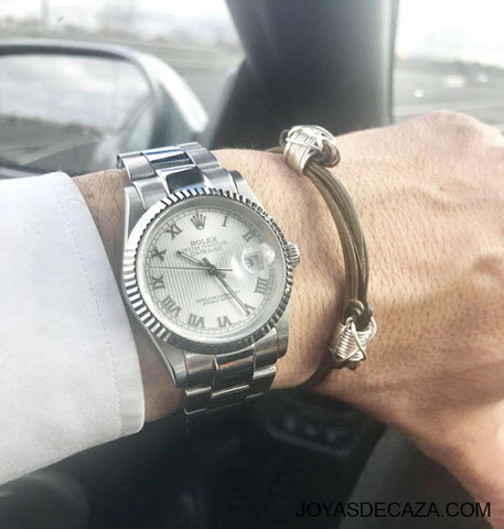 pulsera pelo nudos atado en plata con rolex oyster