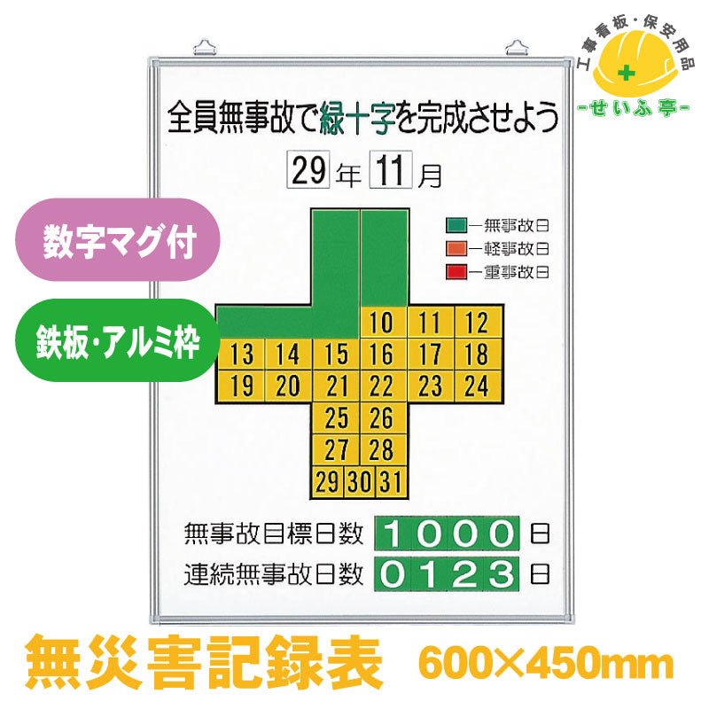 無災害記録表 全員無事故で緑十字を完成させよう 時間･月日数字板ﾏｸﾞﾈｯﾄ･ｶﾗｰﾏｸﾞﾈｯﾄ付 1組  315-10600mm×450mm315-10«r0000414»