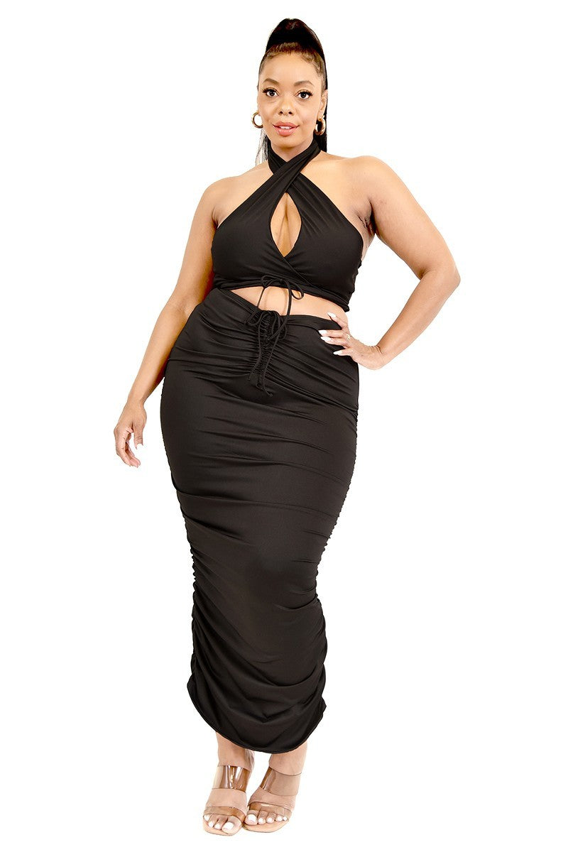 Plus Size Sexy Solid Crisscross Halter Top & Ruched Mini Skirt Set