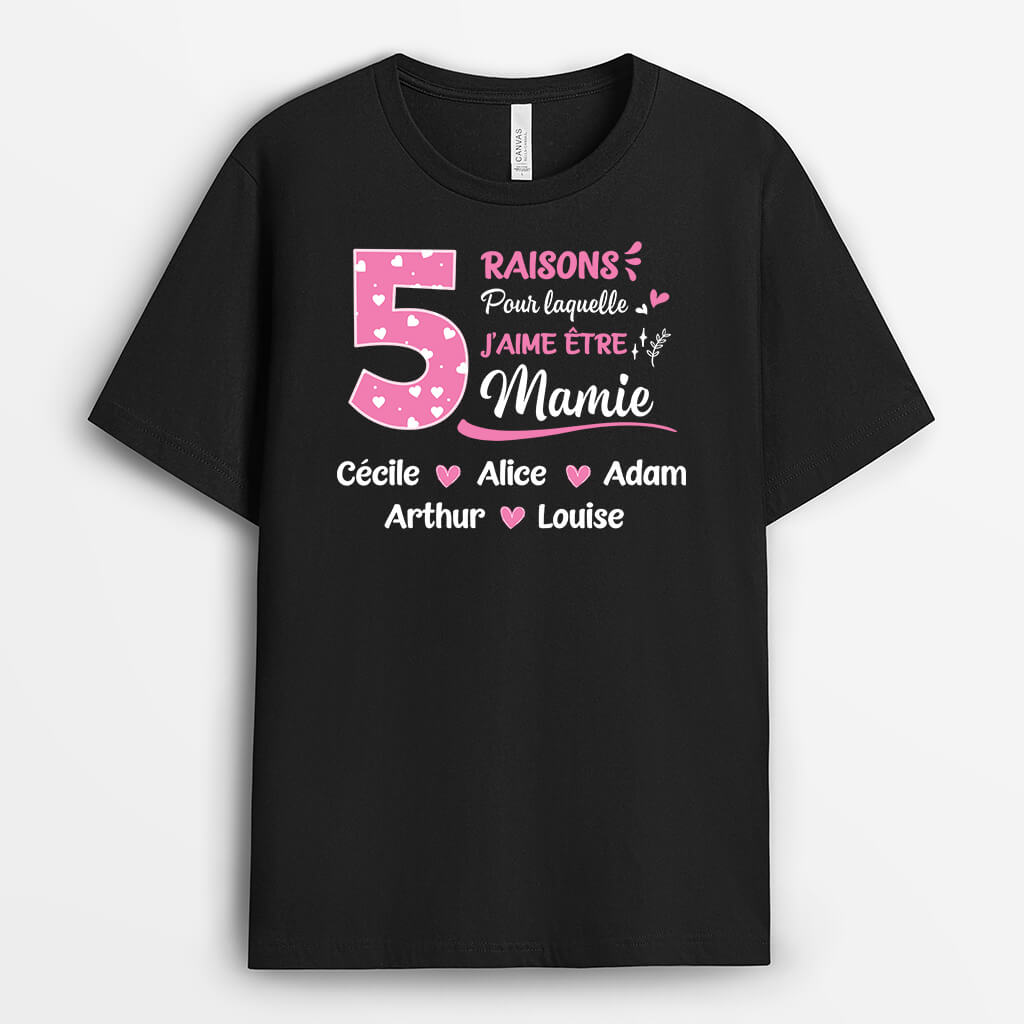 Image of Cinq Raisons Pour Lesquelles J'Aime Être Mamie Version Rose - Cadeau Personnalisé | T-shirt pour Mamie