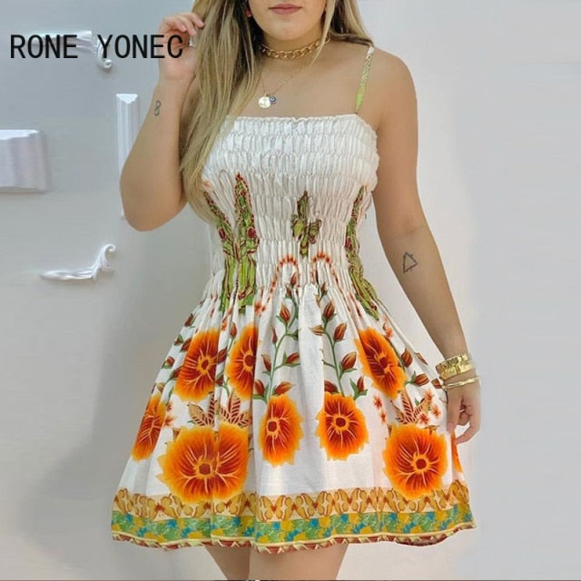 Vestido corto femenino de verano con estampado Floral, minivestido fruncido informal con tirantes finos para mujer