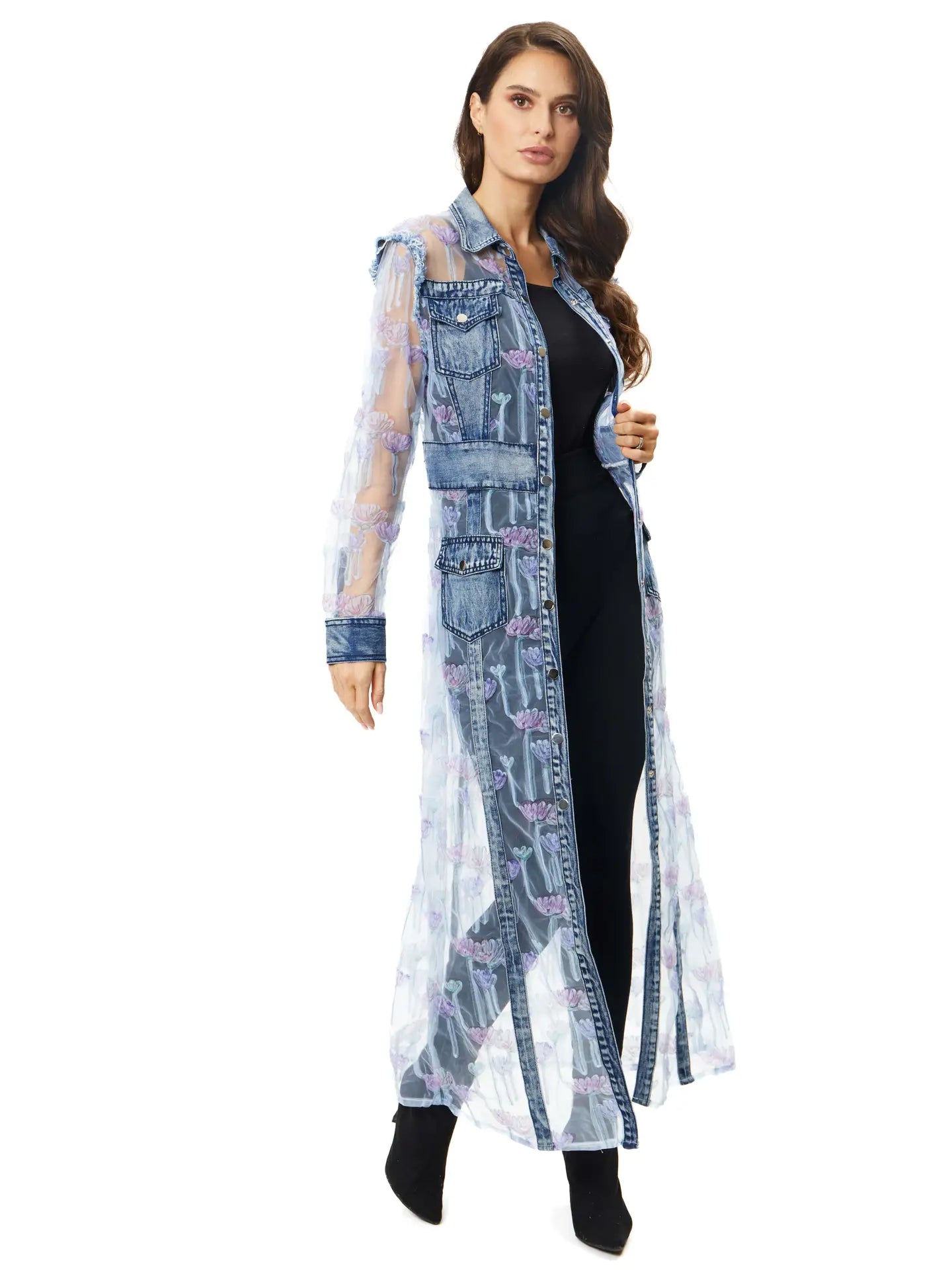 Denim floral duster jacket