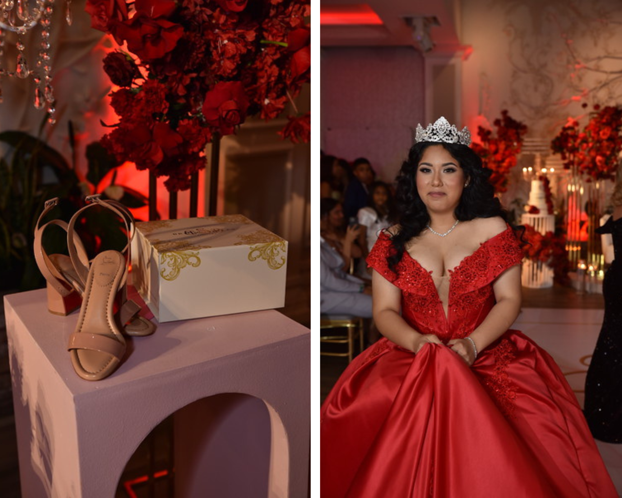 Amanda's sweet sixteen party! She's wearing a dramatic red ballgown and a sparkling Swarovski crystal tiara. 