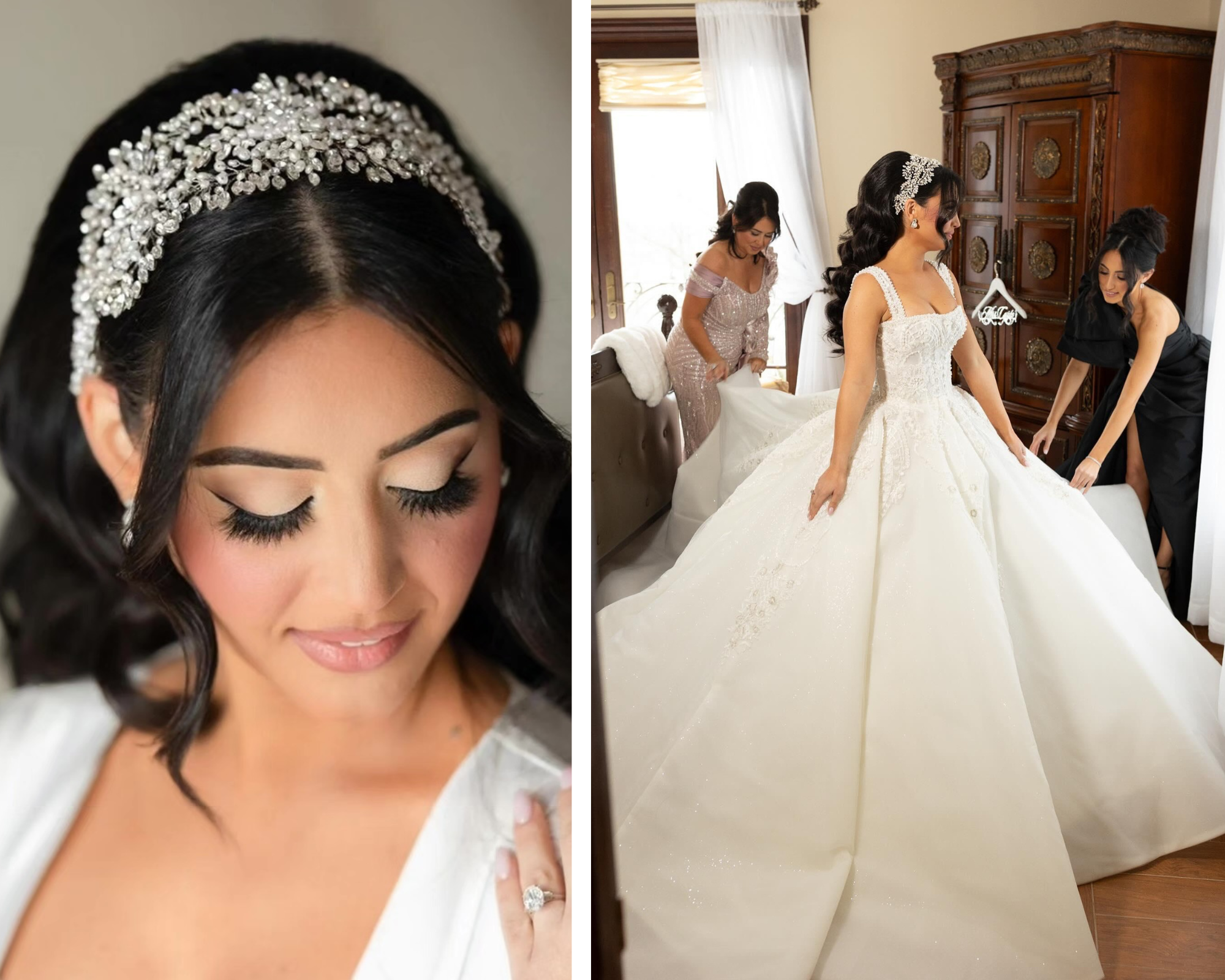 Our bride modeling her custom freshwater pearl and crystal hair vine headband and gorgeous square-necked wedding gown.