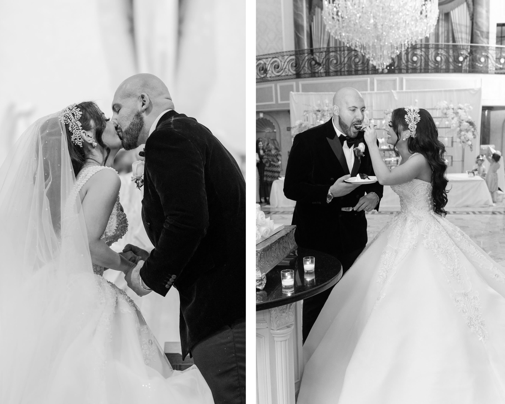 A beautiful bride with her groom. She’s wearing her timeless gown, earl and crystal hair vine headband and cathedral veil accented with pearls and crystals.