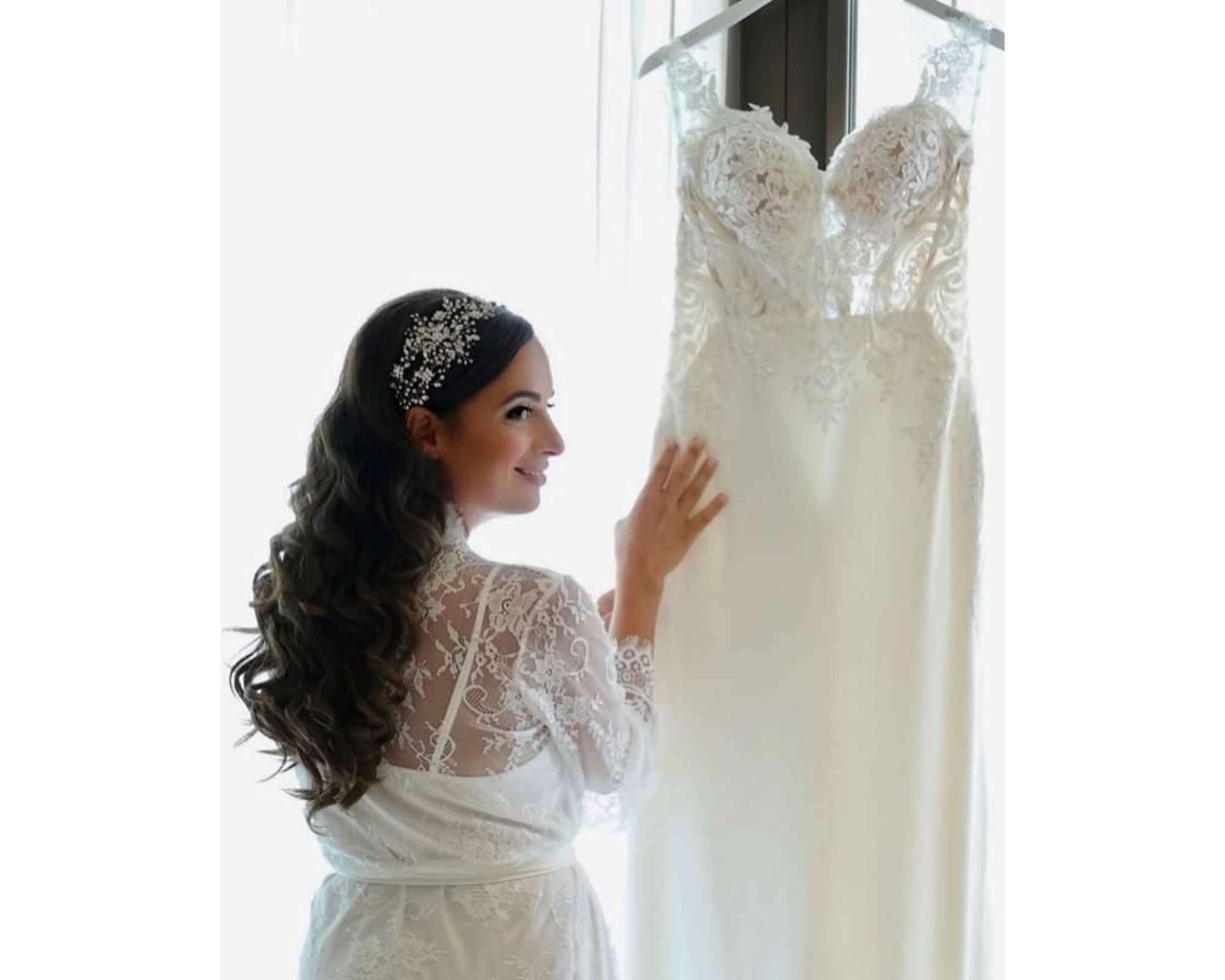 Beautiful bride Andrea getting ready for her wedding. She's wearing her hair down with a custom Swarovski crystal hair vine.