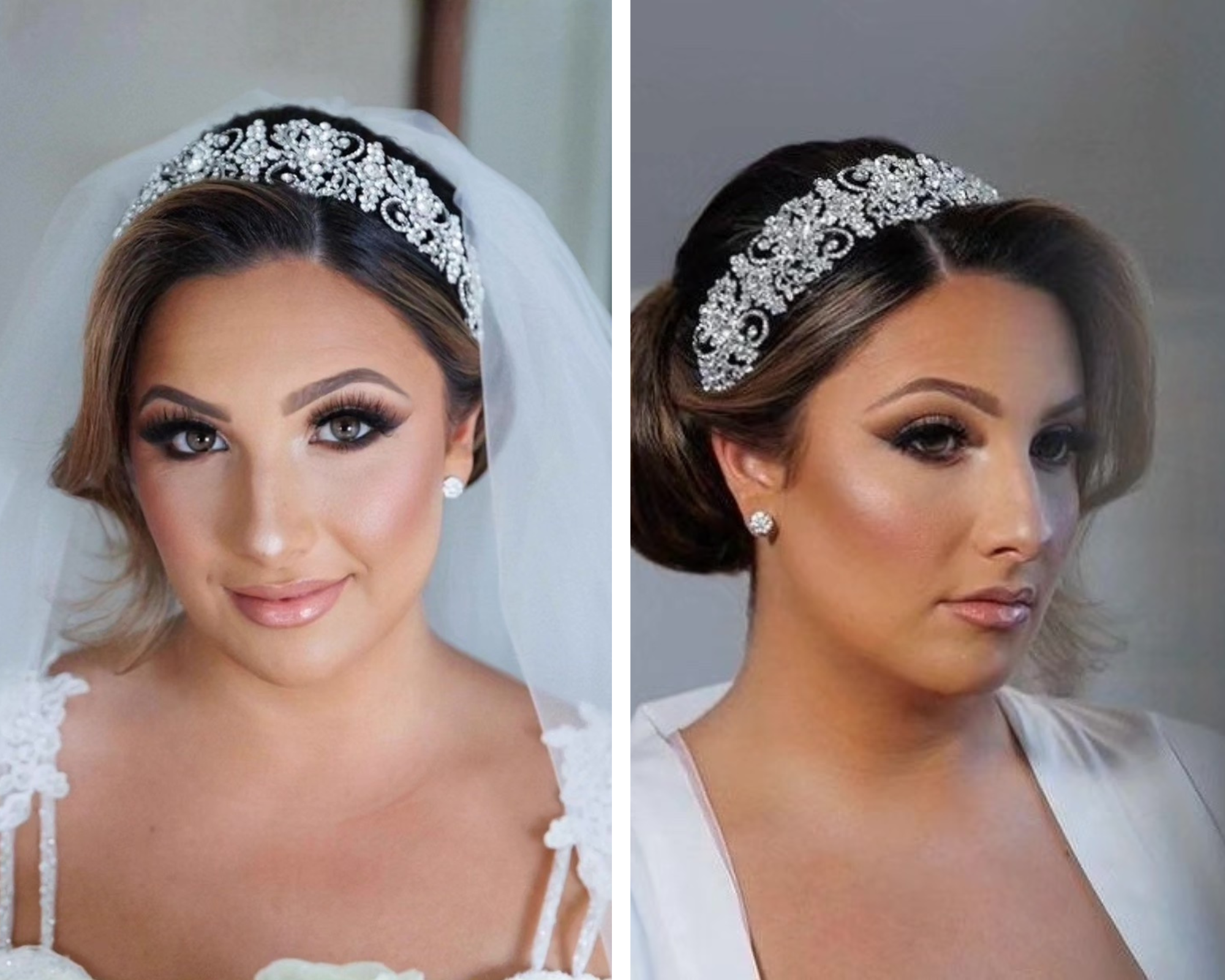 Beautiful bride Brittany modeling her delicate, glittering Swarovski crystal bridal headband.