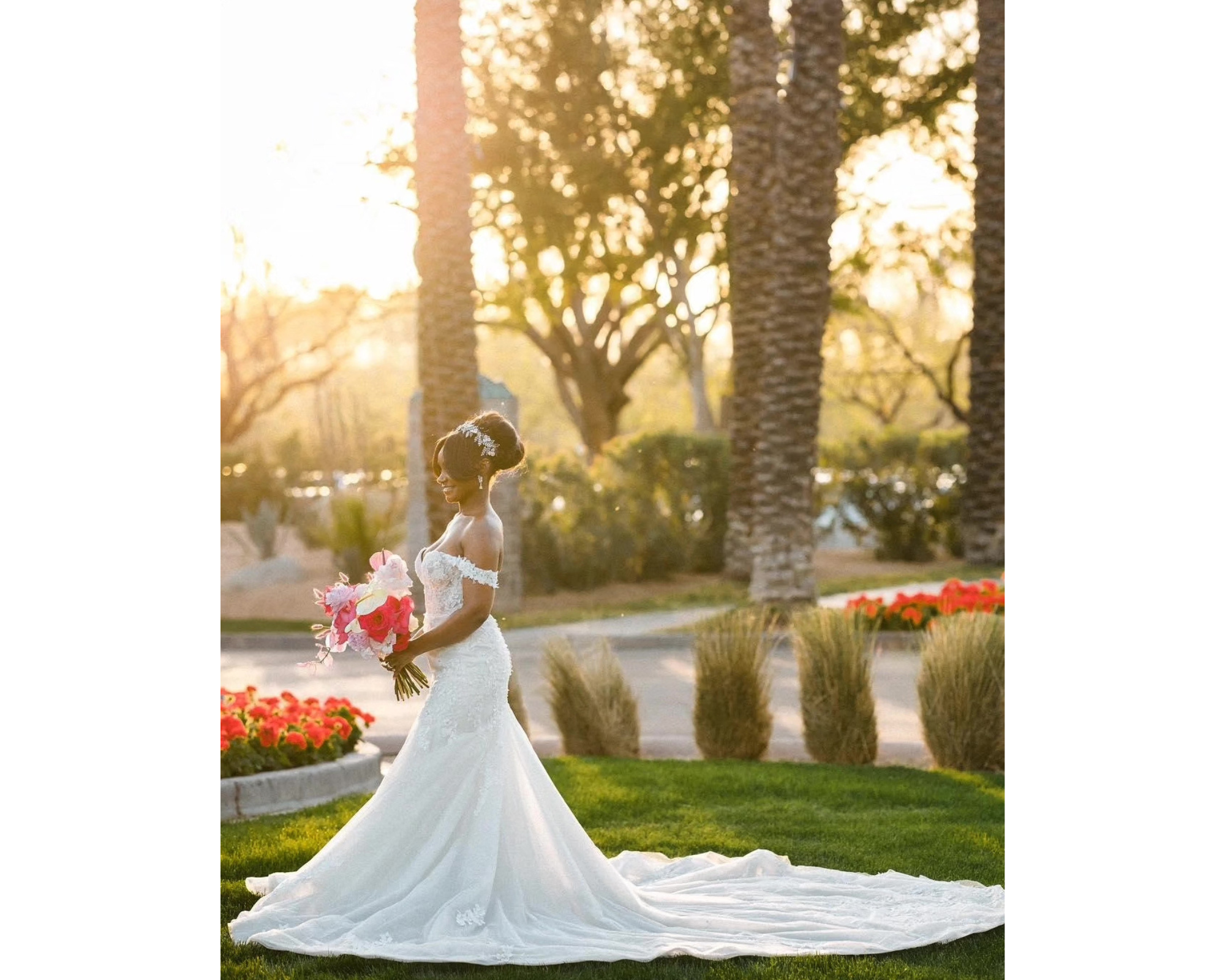 Beautiful bride Charleen bathed in sunlight! She's wearing her mermaid wedding dress, intricate headpiece encrusted with Swarovski crystal flowers, and a cathedral veil. 
