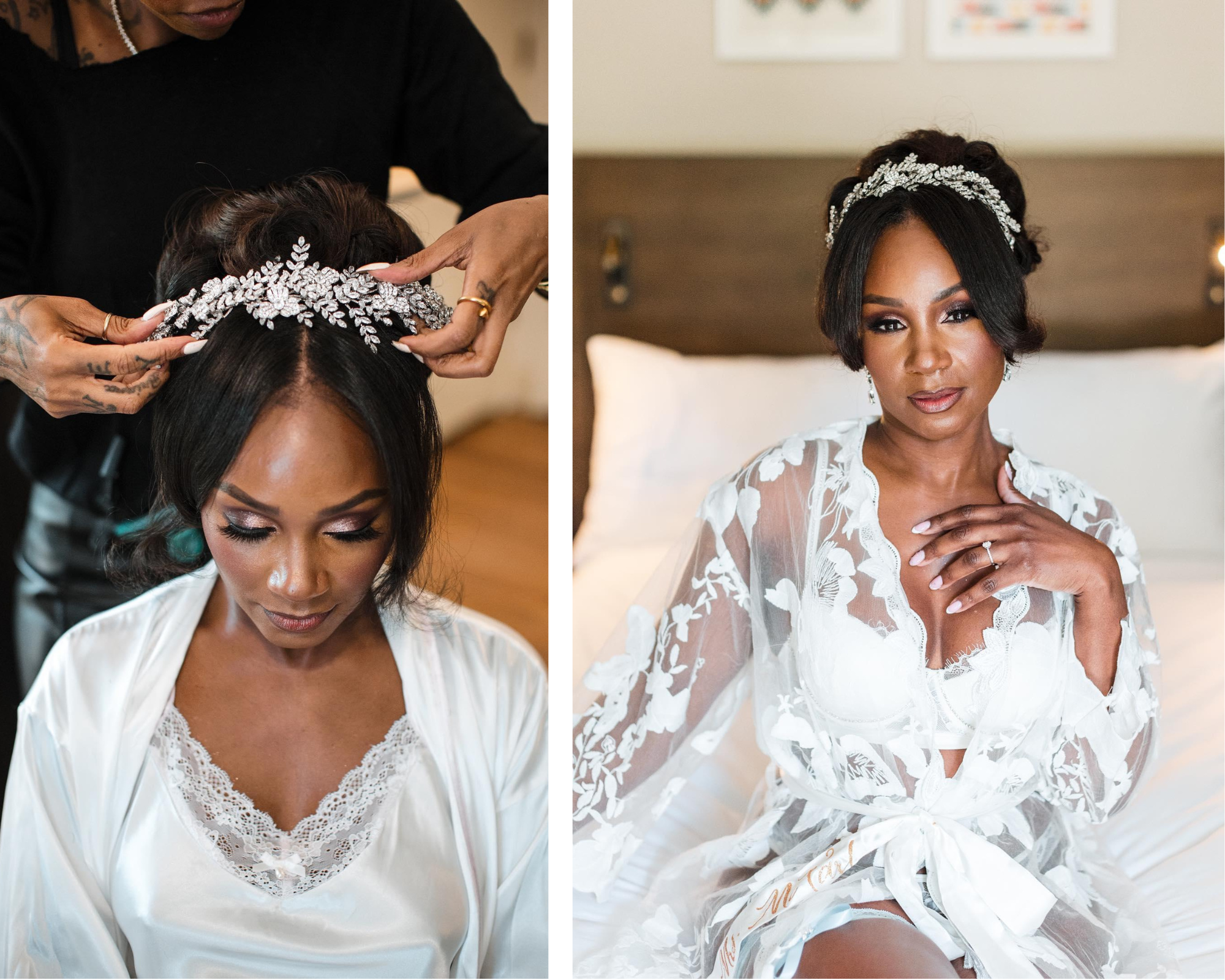 Stunning Charleen getting ready for her big day. She's wearing a lacy robe and sparkling headpiece covered in Swarovski crystals. 