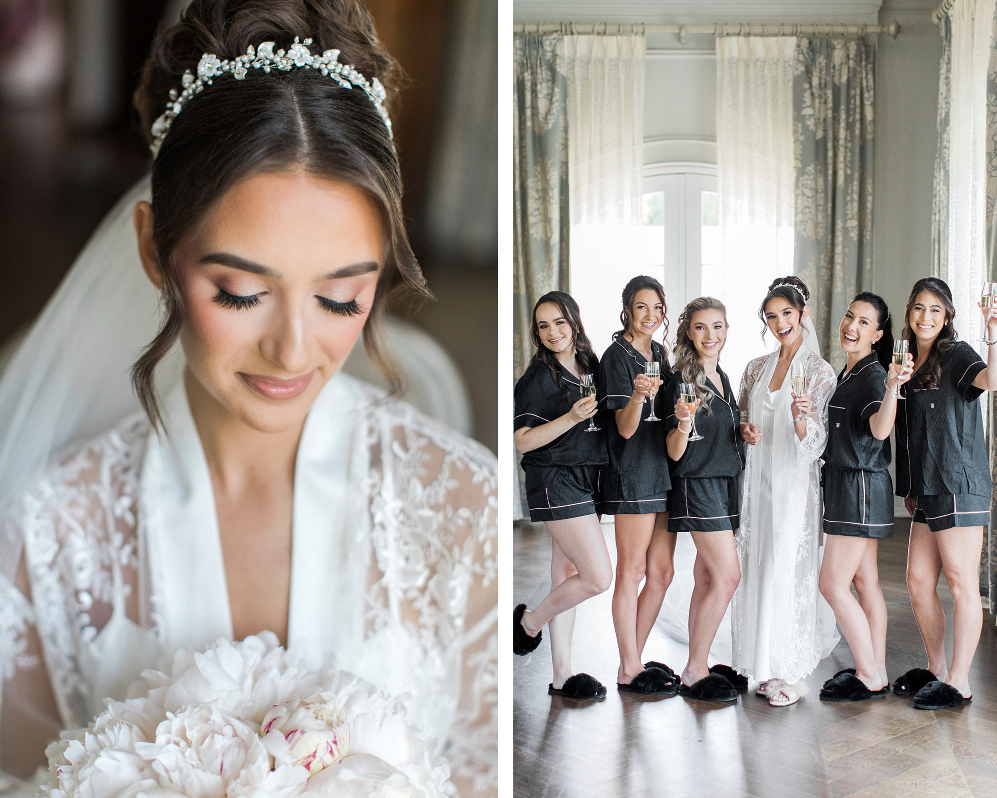  Beautiful bride Kara getting ready with her bridesmaids. Kara is wearing her custom bridal headpiece with Swarovski crystals, freshwater pearls, and porcelain flowers. She's also wearing a crystal-edged veil, and pearl and crystal earrings.