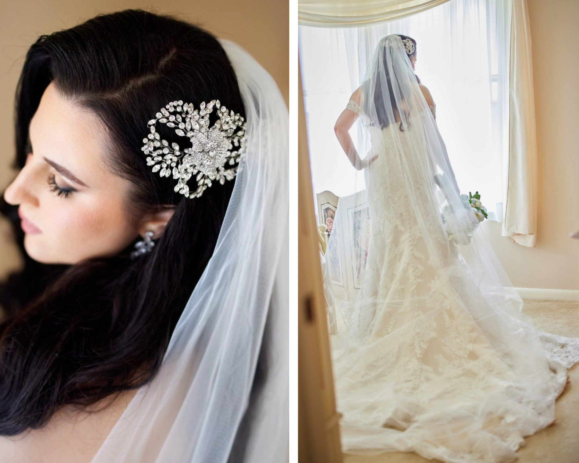 Our elegant Bridal Styles bride wearing her bold Swarovski crystal hairvine, veil, and wedding gown.
