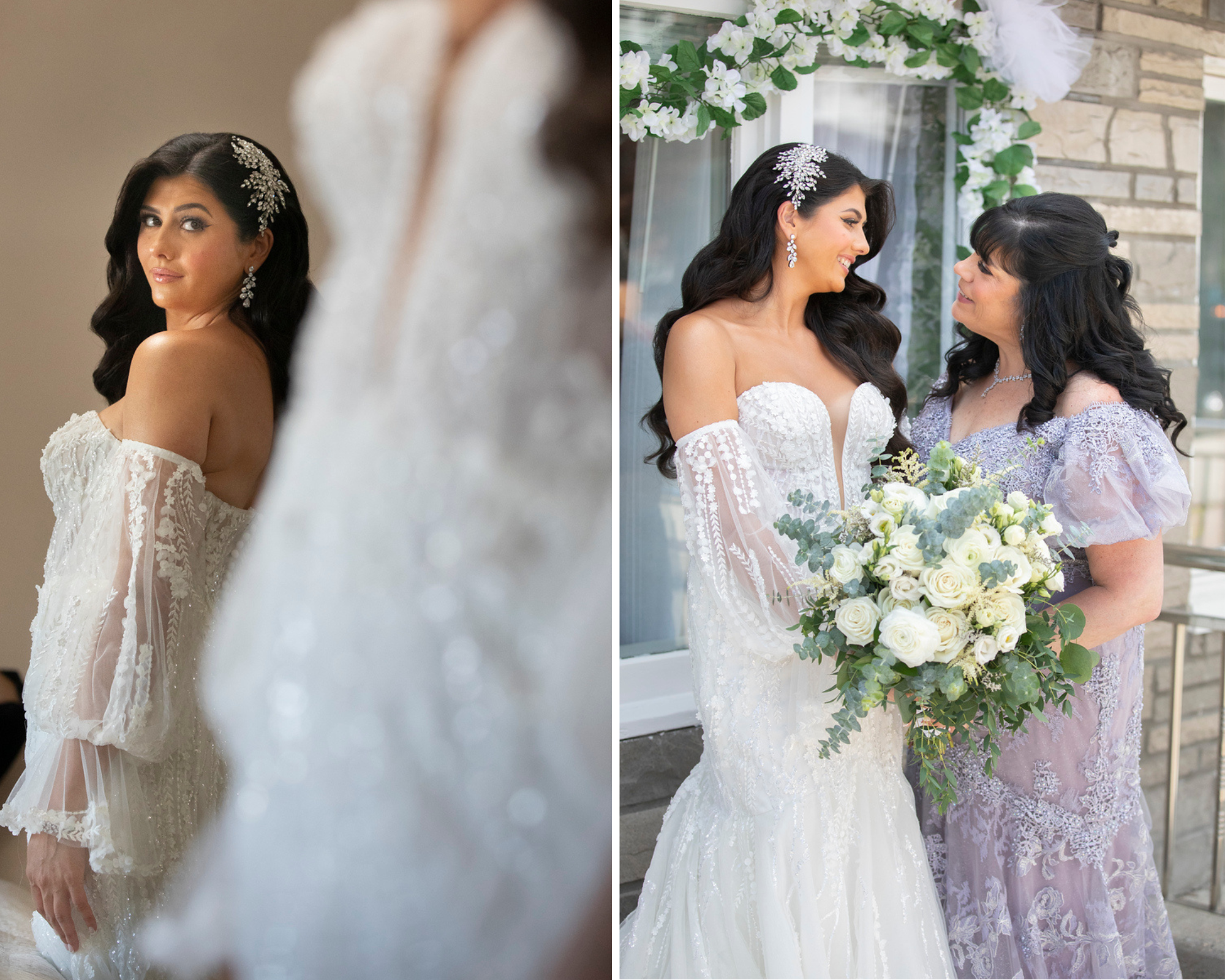 Beautiful bride Noelle wearing her stunning lace gown and Swarovski crystal bridal comb and jewelry.