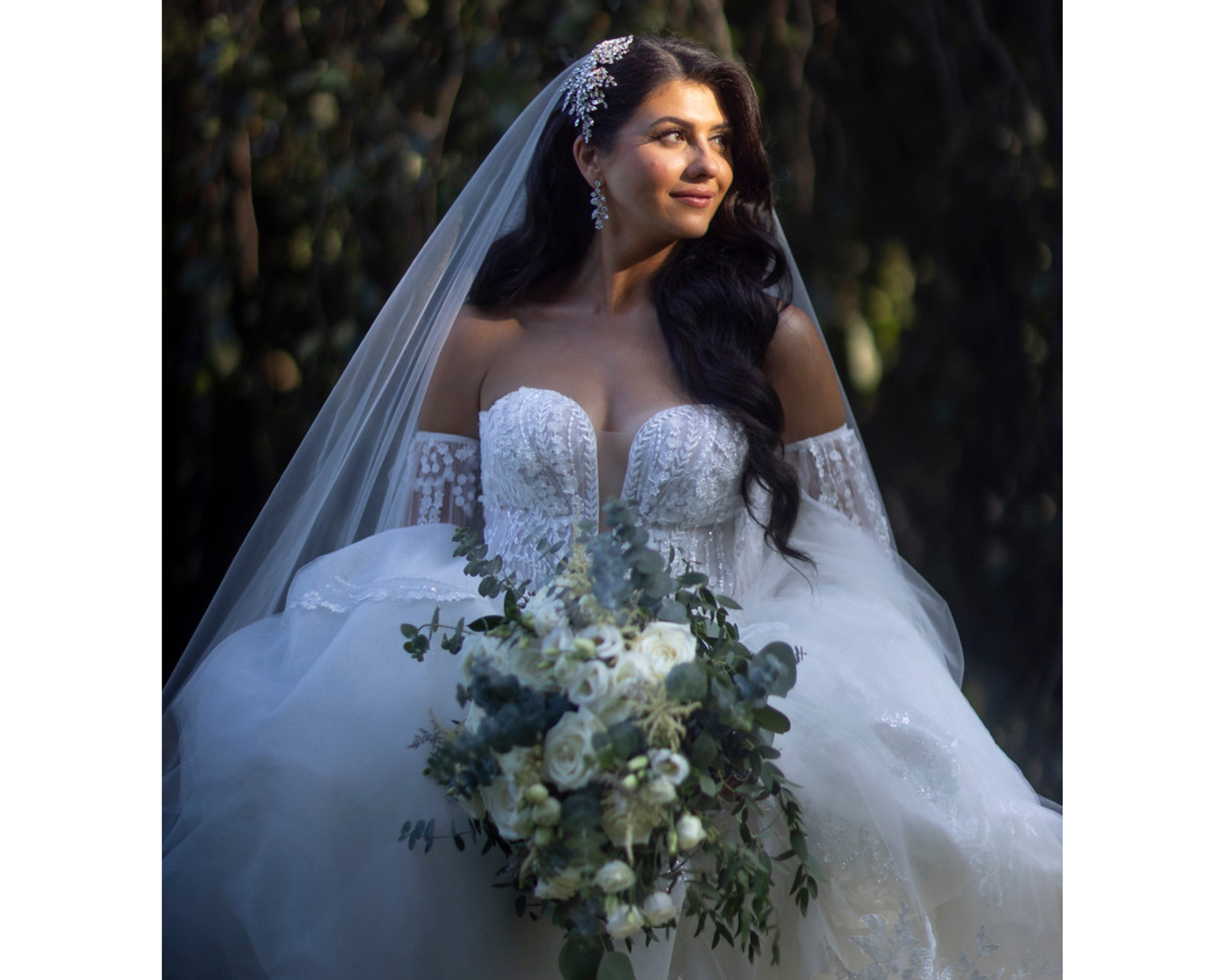Beautiful fairytale bride Noelle wedding her stunning lace gown and Swarovski crystal bridal comb and jewelry.