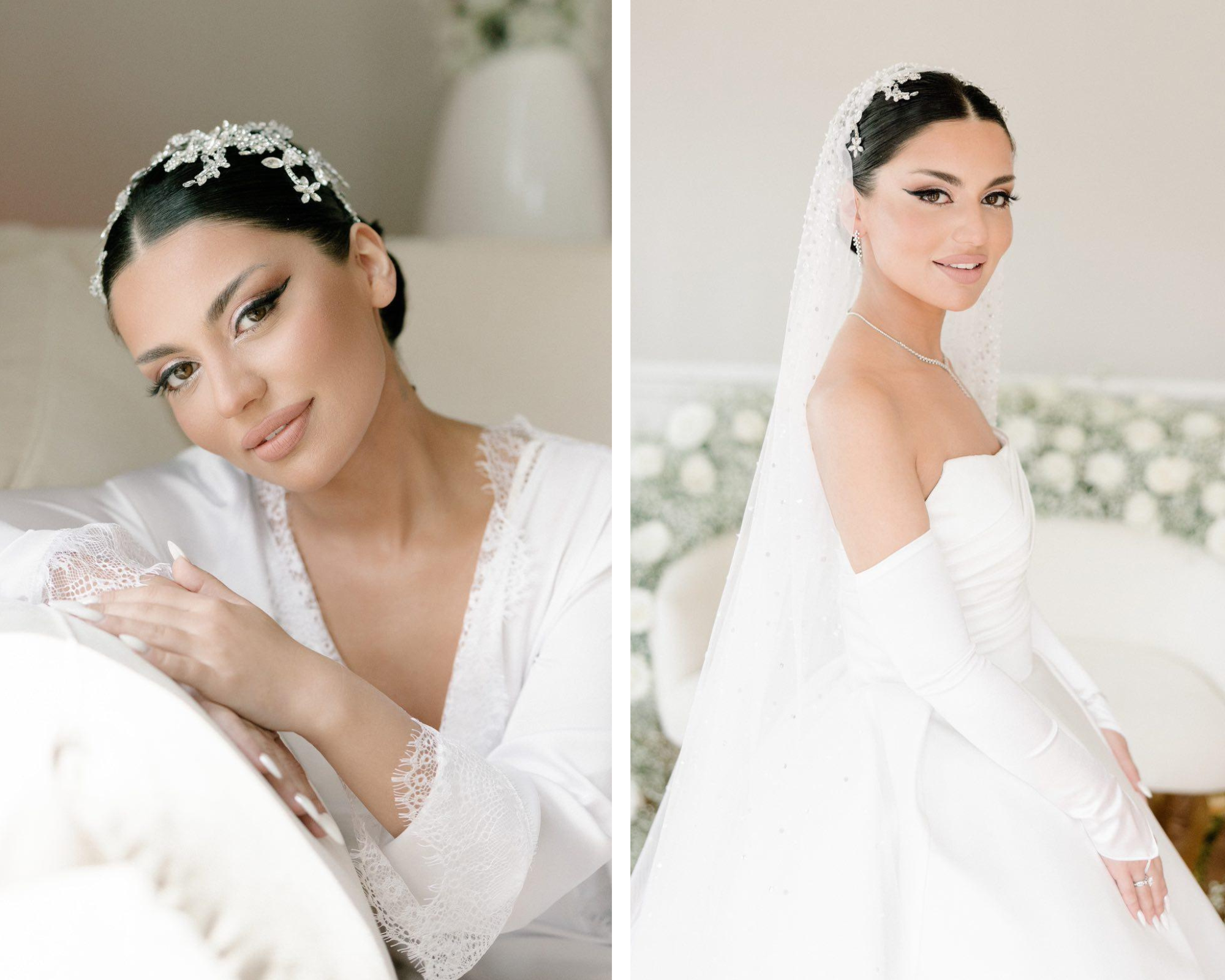  Beautiful bride Valentina wearing her statement floral bridal headpiece encrusted with Swarovski crystals and a stunning ballgown wedding dress. 