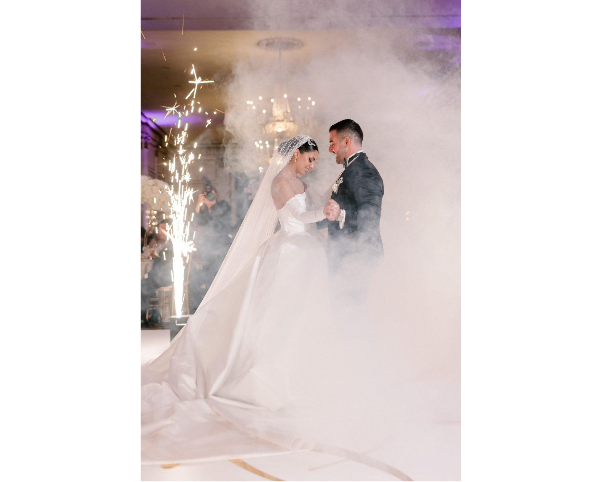 Valentina with her new hubby on the dancefloor! She's wearing her Swarovski crystal headpiece, gloves, ballgown, and cathedral veil. 