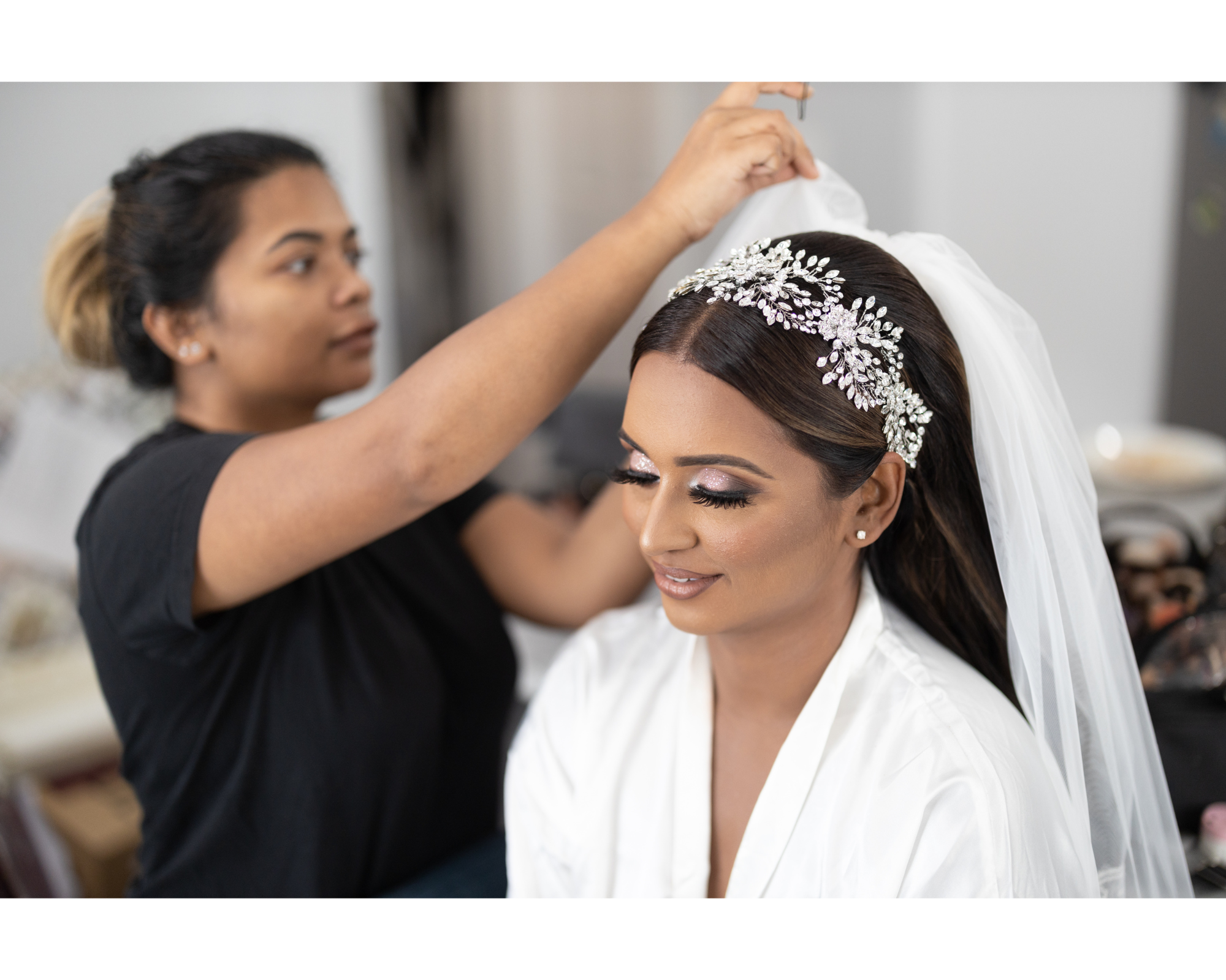Stunning bride Avita's gorgeous, sparkly wedding day makeup and Swarovski crystal headband.