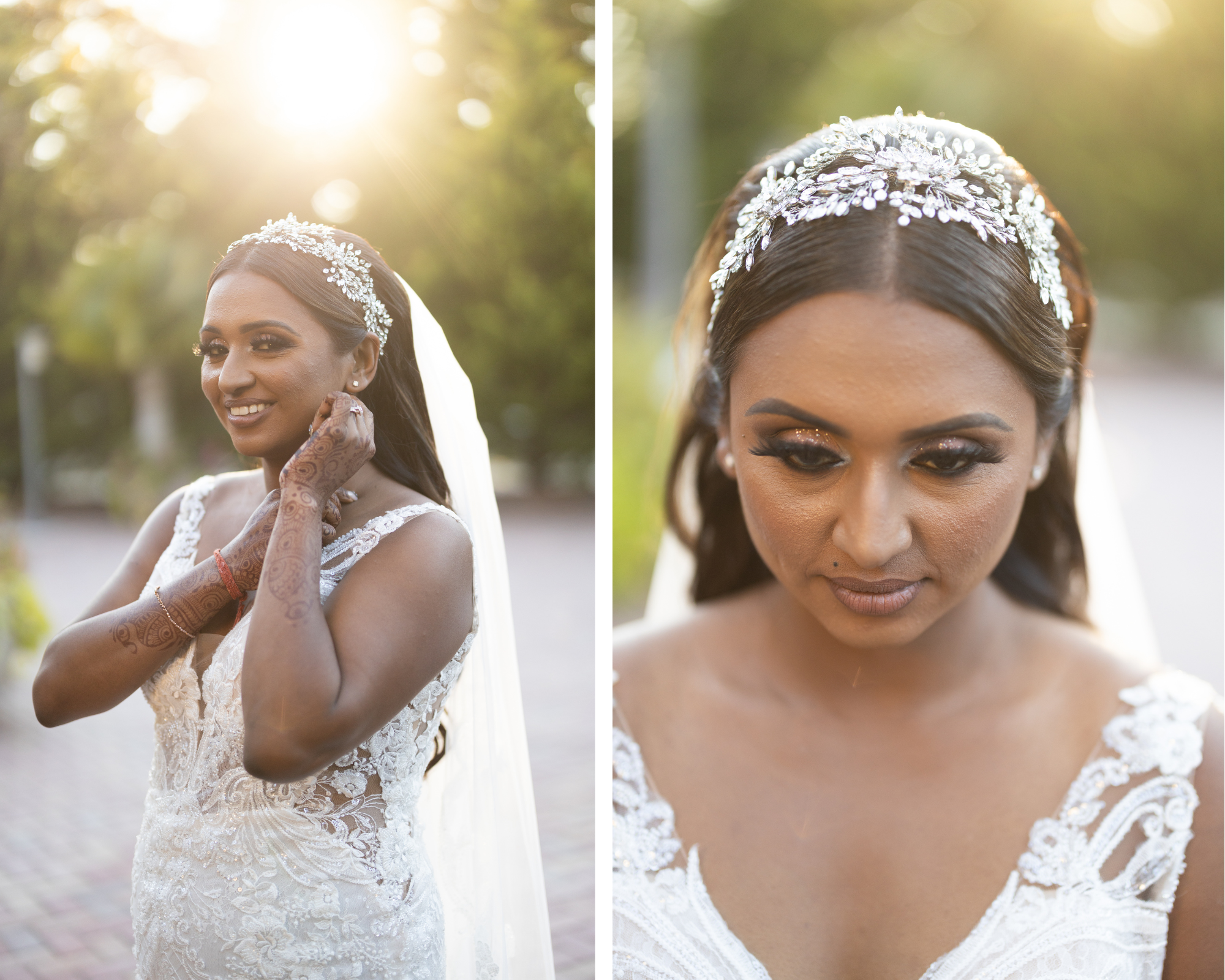 Stunning bride Avita's henna wedding tattoos! She's wearing her lace wedding gown, veil,  and Swarovski crystal headband.