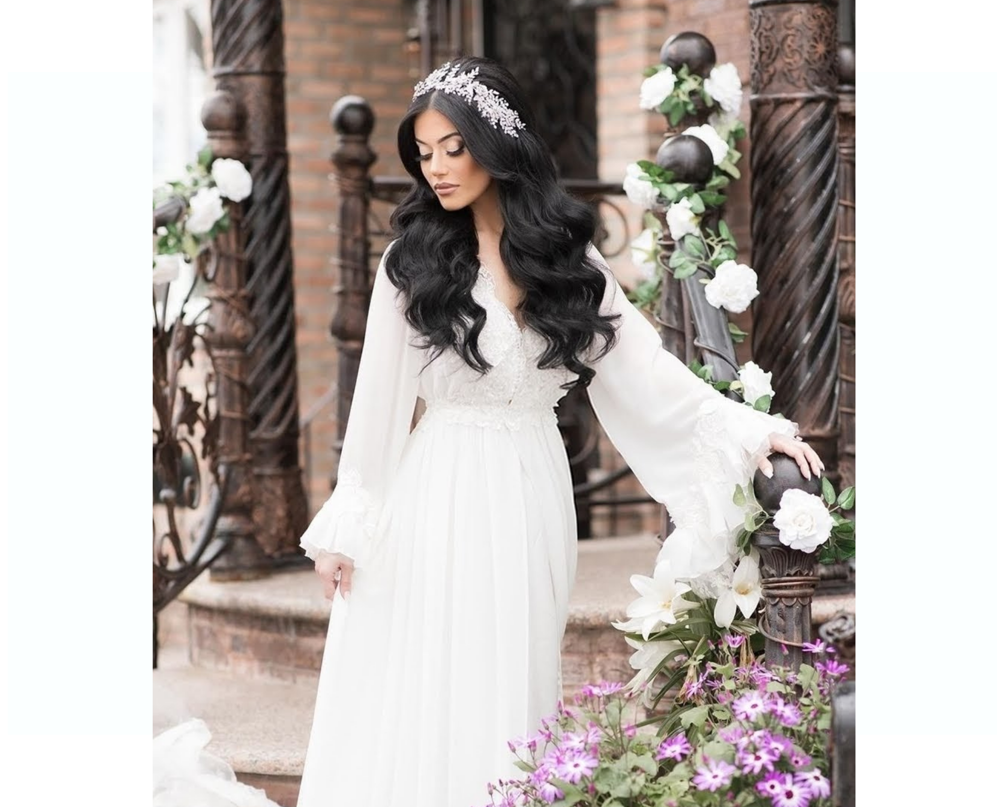 Our stunning bride wore her long hair in loose waves with a Swarovski crystal hair vine. 