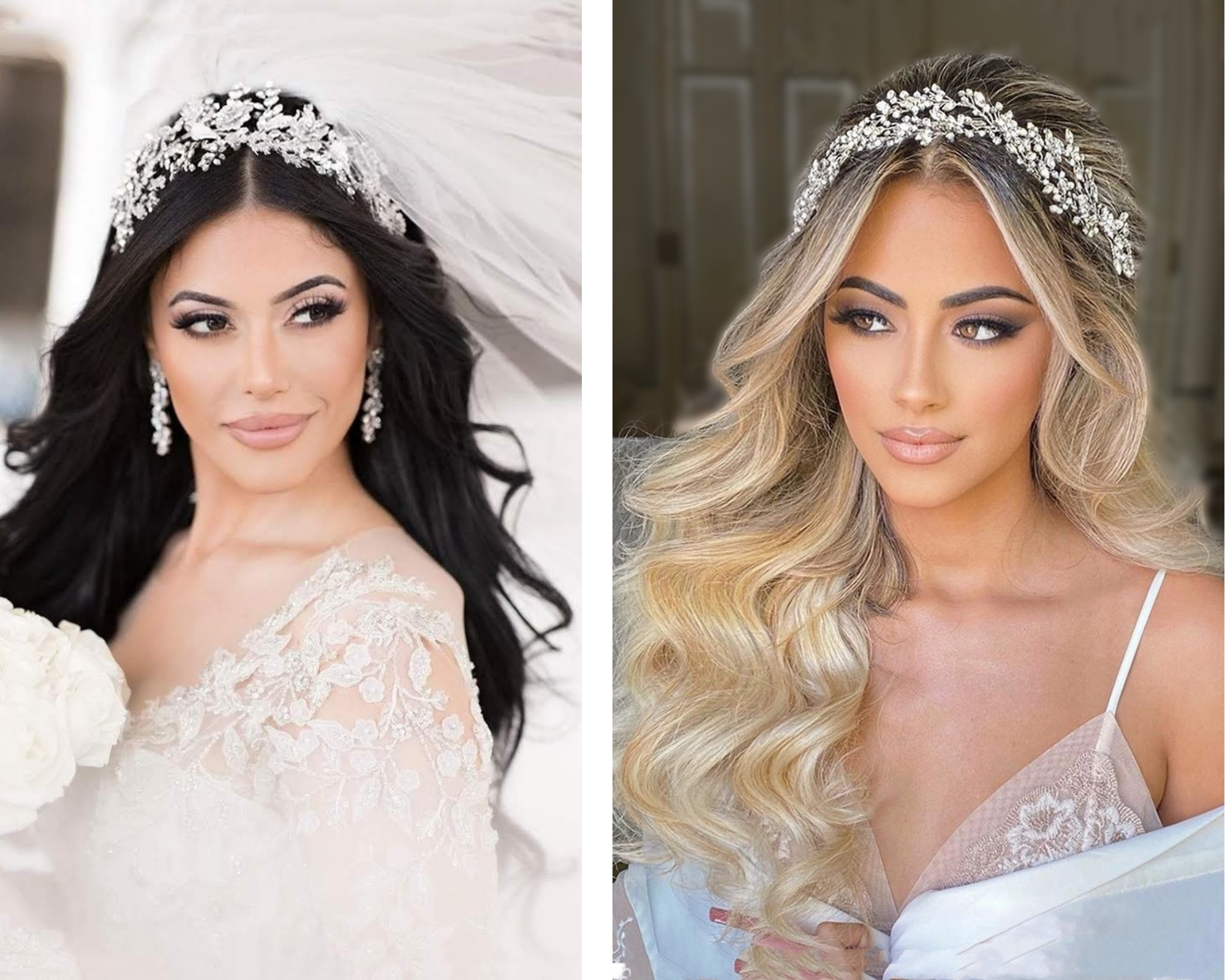 Our stunning Bridal Styles Boutique brides wore their long hair in loose waves with a Swarovski crystal hair vine and Swarovski crystal headband. 