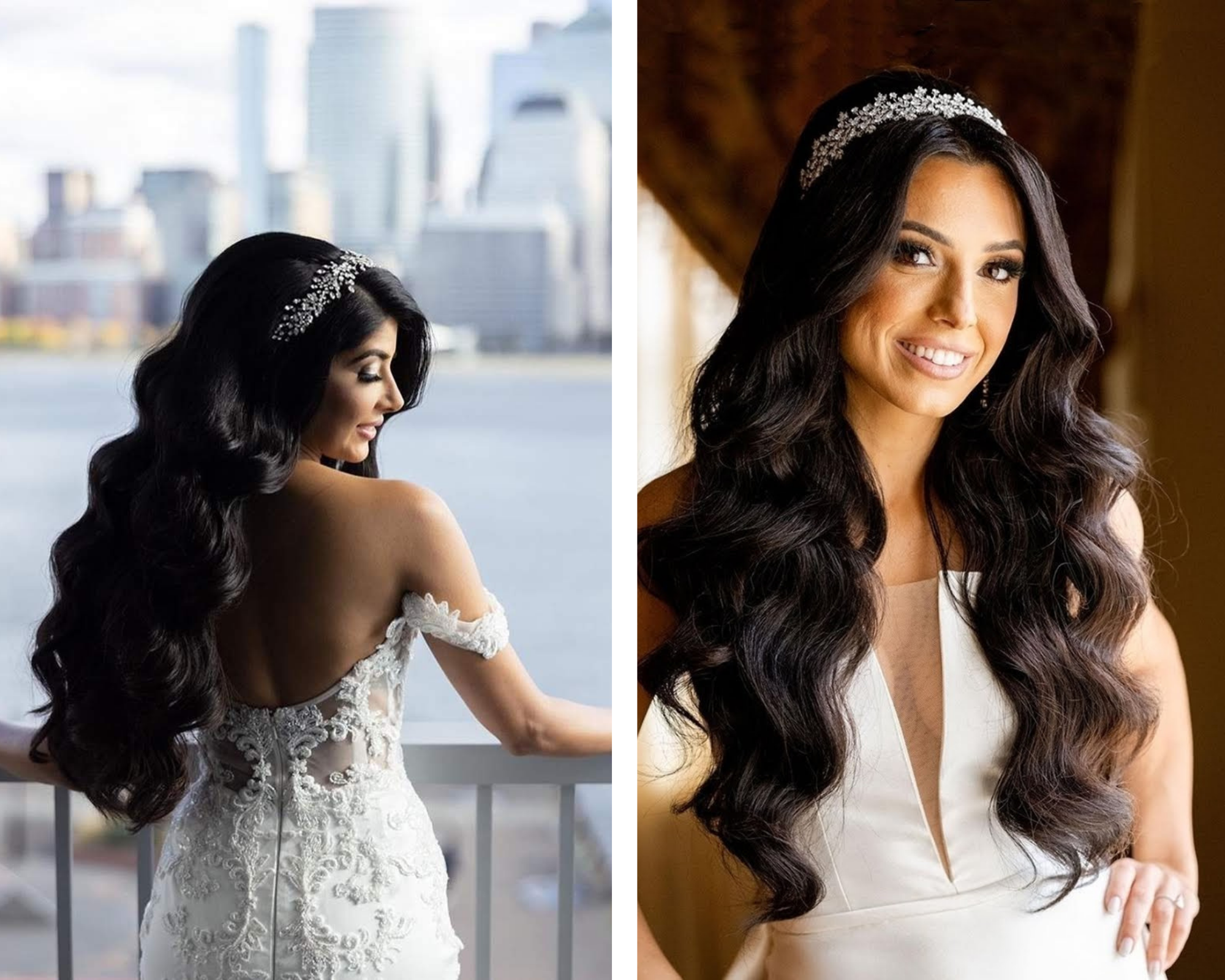 Our stunning Bridal Styles Boutique brides wore their long hair in loose waves with elegant Swarovski crystal hair vines.