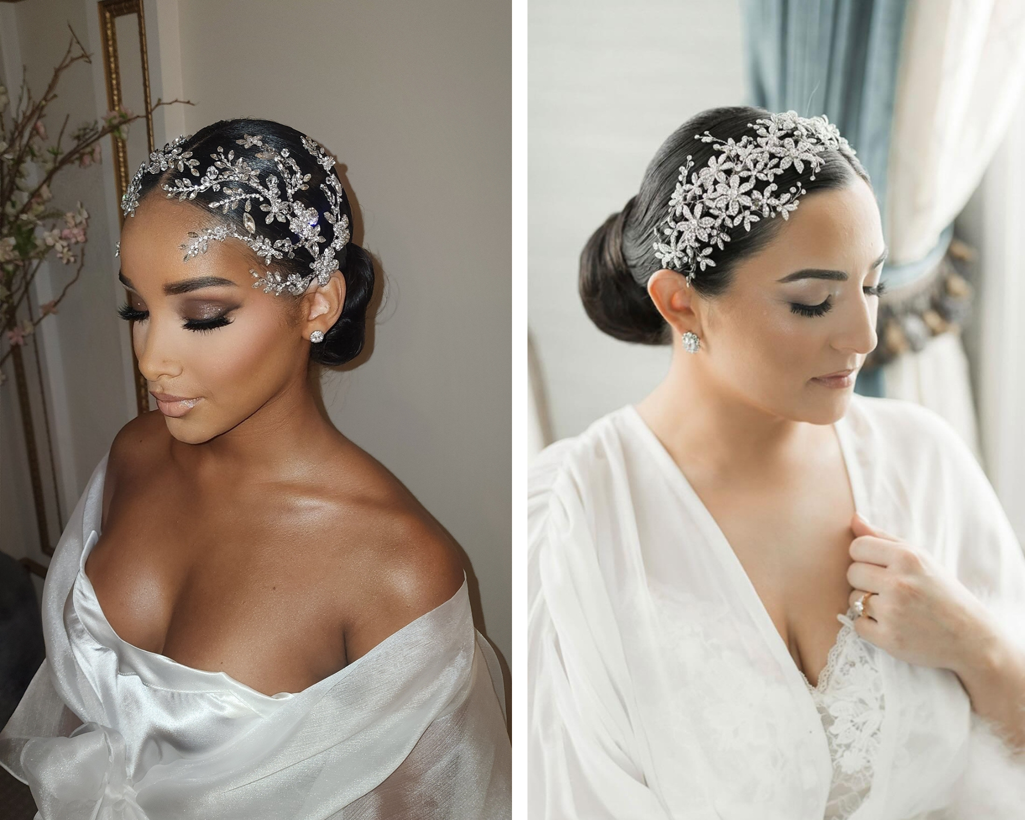 Bridal hair style inspo - 2 gorgeous, low bridal buns accented with statement Swarovski crystal hair accessories.