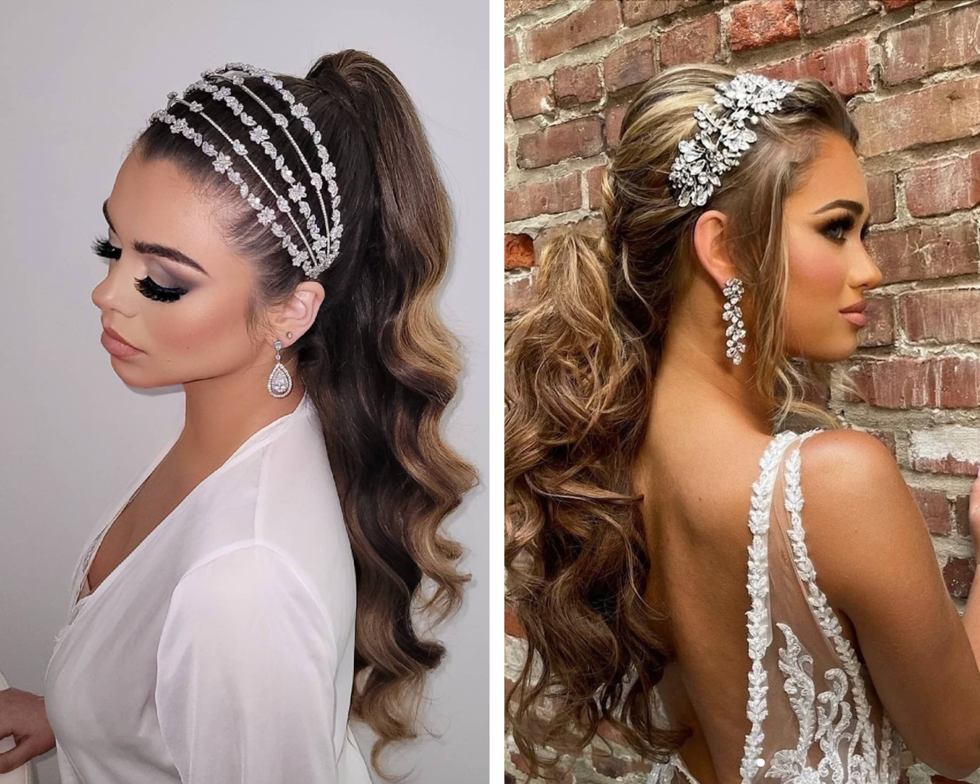 Glam bridal ponytails accented with a Swarovski crystal  and pearl bridal accessories