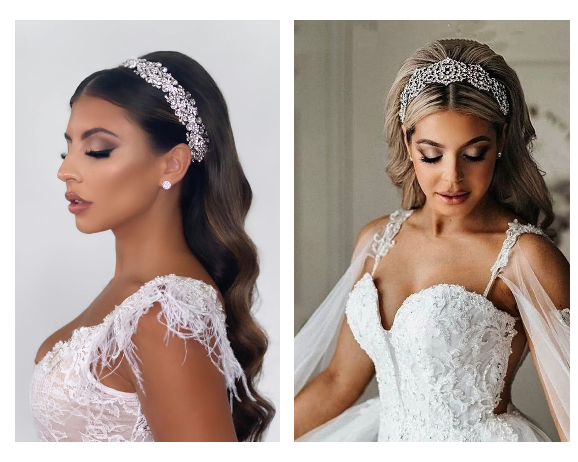 Two pictures of brides with their long hair down and wearing sparkling Swarovski crystal bridal headbands.