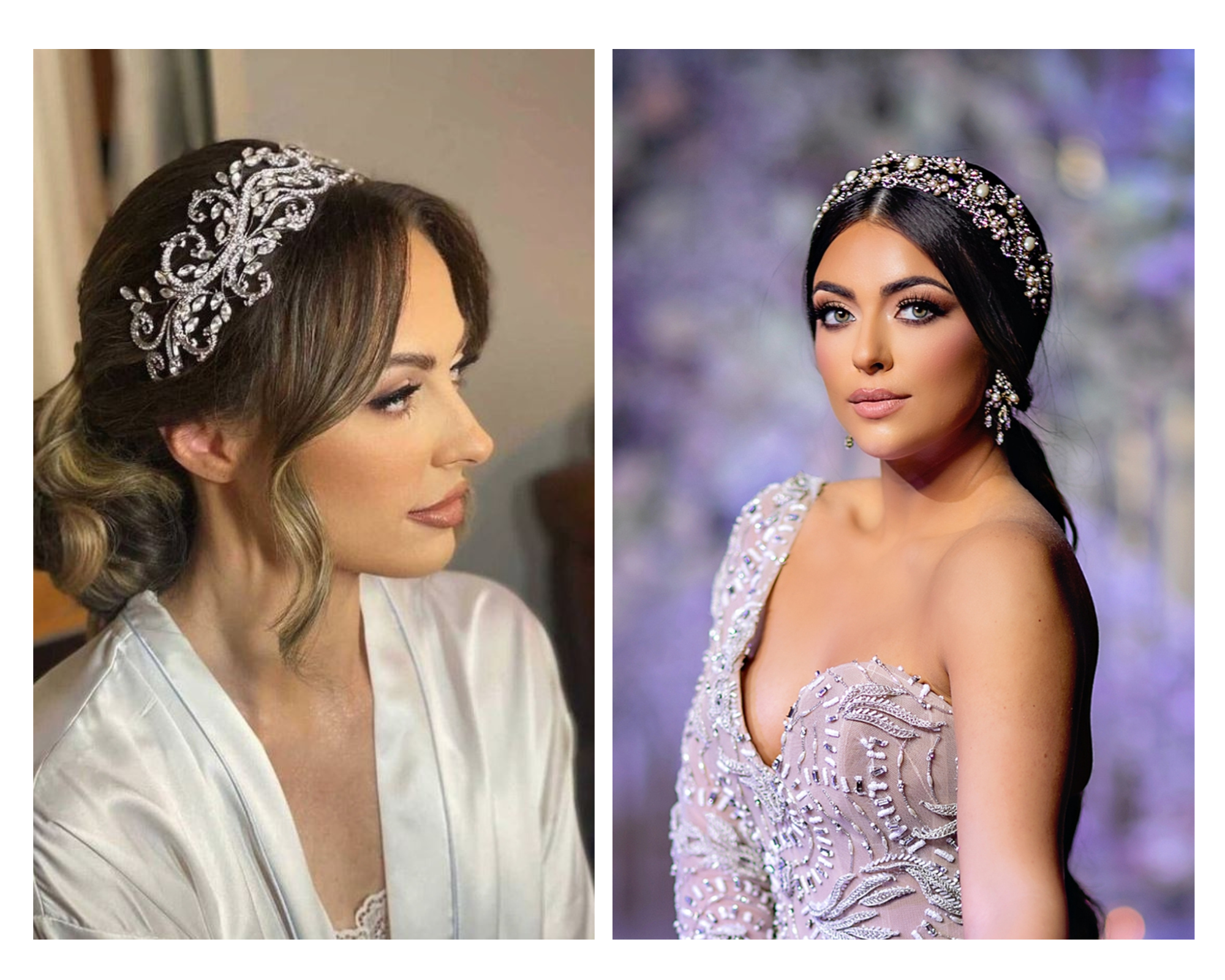 Two pictures of brides with their hair up and wearing crystal bridal headbands.  One bride is in her robe, the other a purple dress.