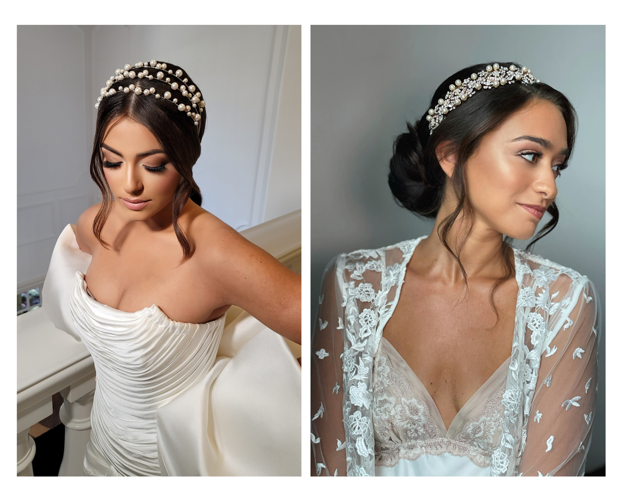 Two pictures of brides with their hair up.  Both are wearing wide pearl bridal headbands.