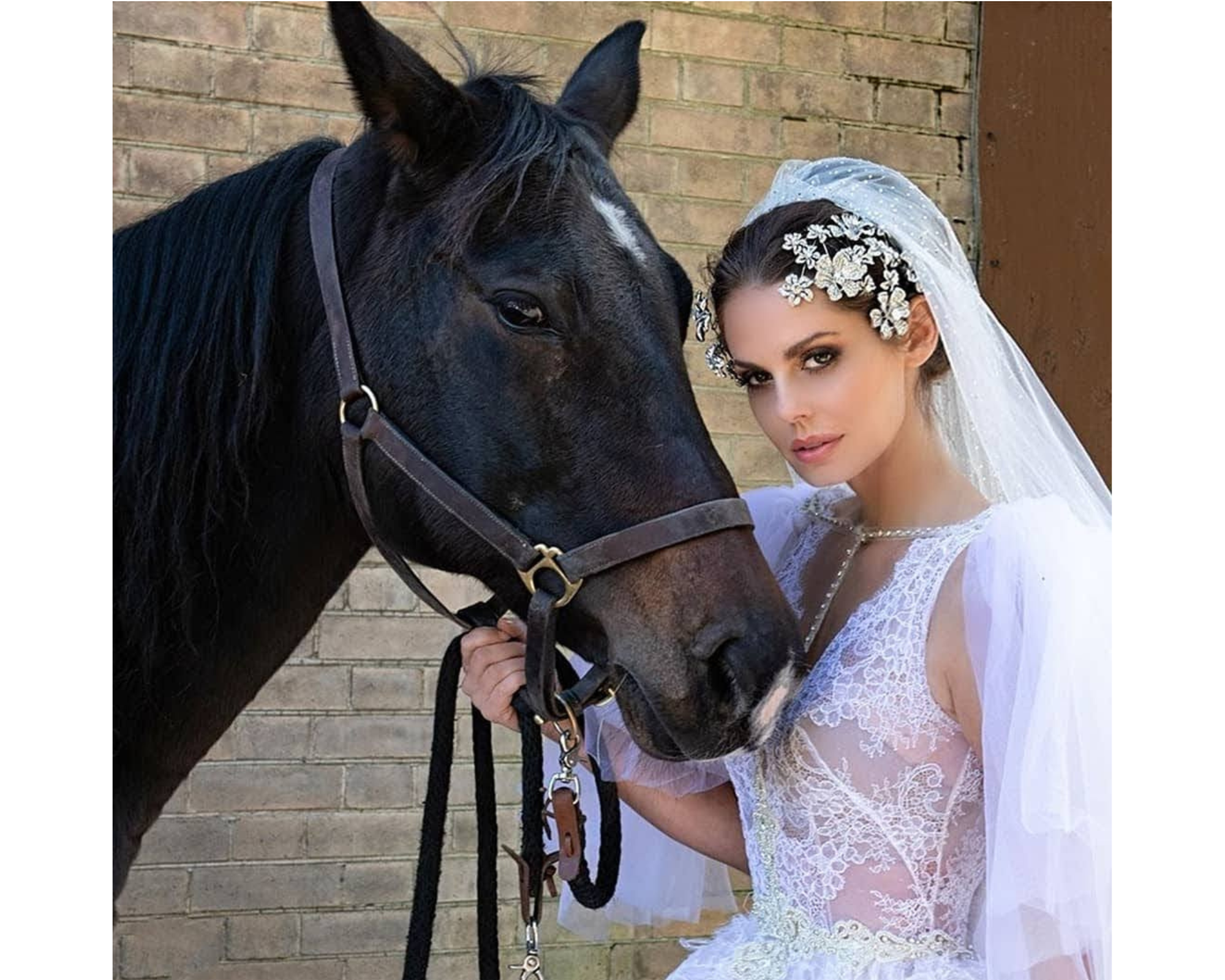 A stunning bride wearing a veil and Swarovski crystal headpiece beside her dark bay horse.