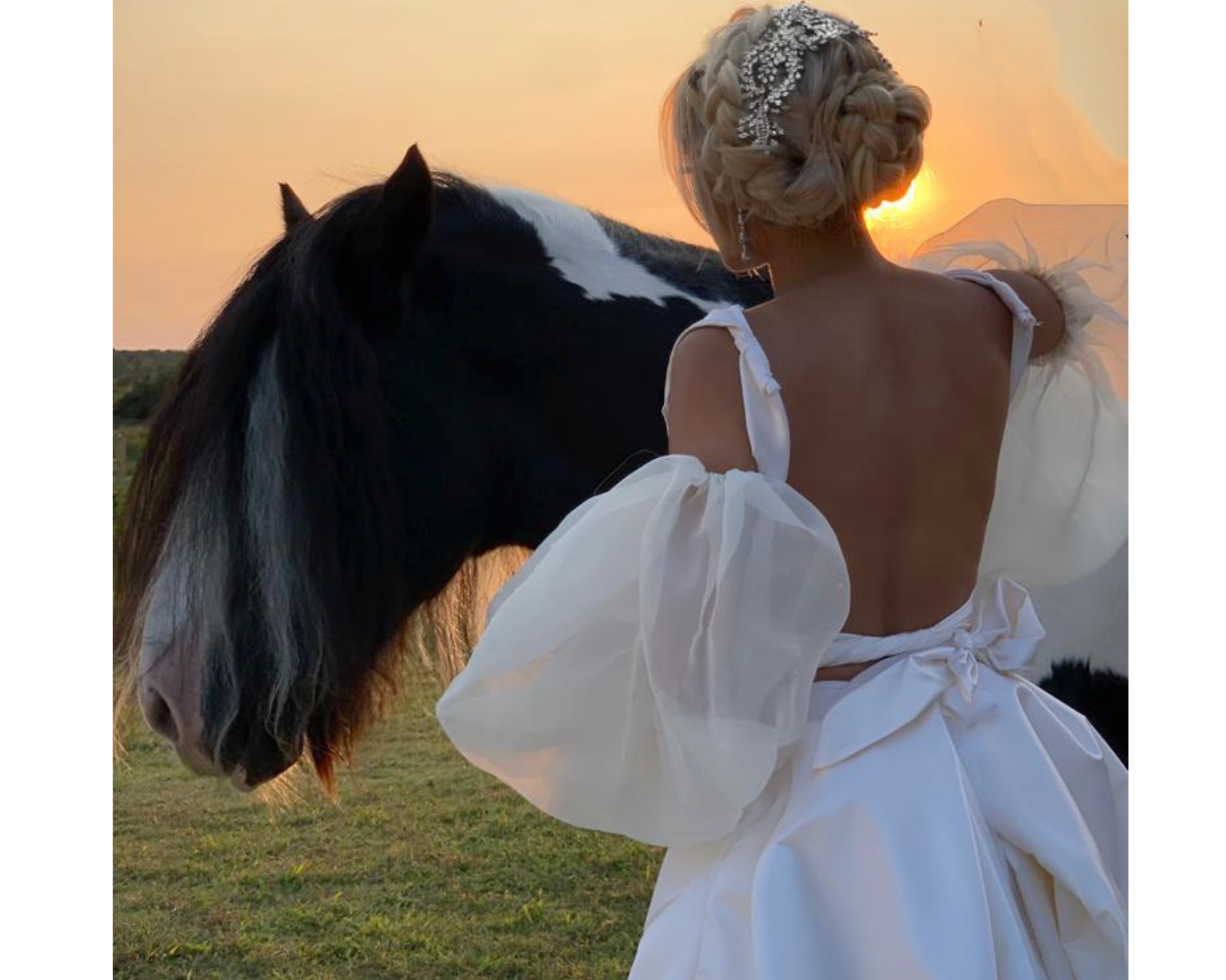 A romantic bride with her paint horse. The bride wears a low-backed, romantic gown and Swarovski crystal back comb.