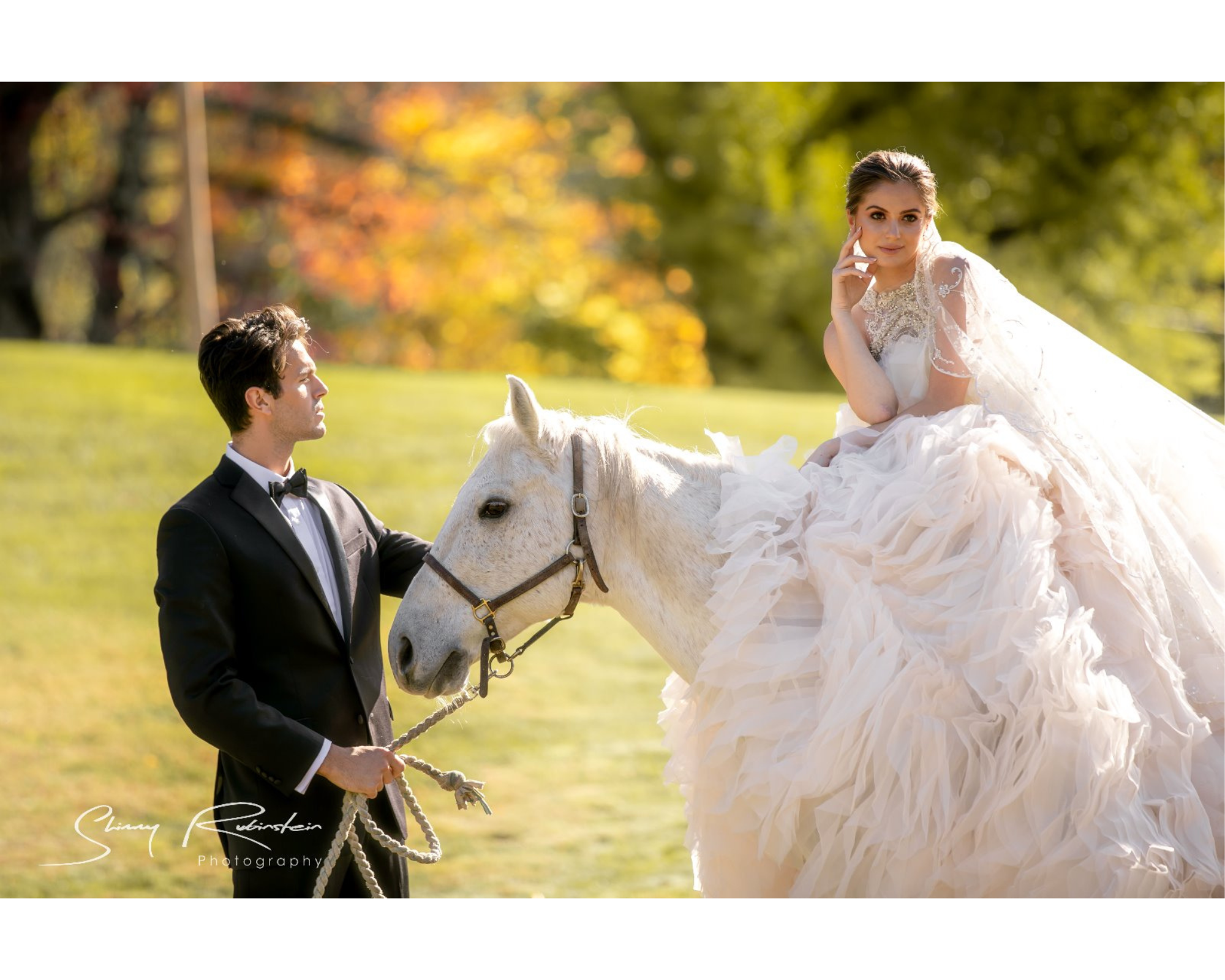 A fairytale moment as a bride in a beautiful gown and sparkling bridal headpiece sits on her white horse as her groom stands beside them.