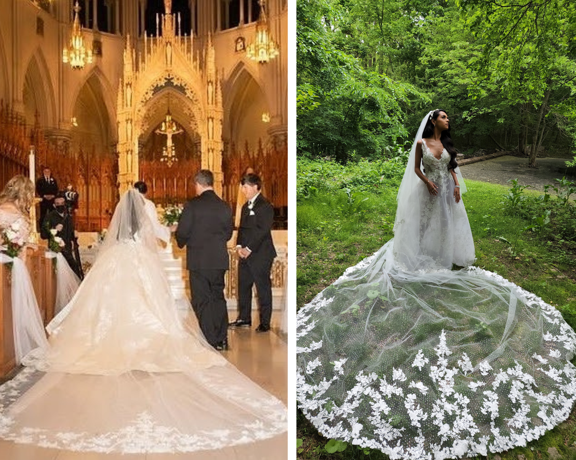 Beautiful brides in their lace edged cathedral wedding veils. 