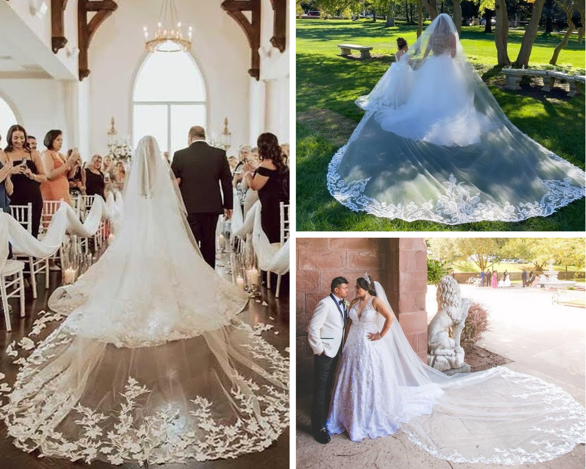 Beautiful brides in their lace-edged cathedral wedding veils. 