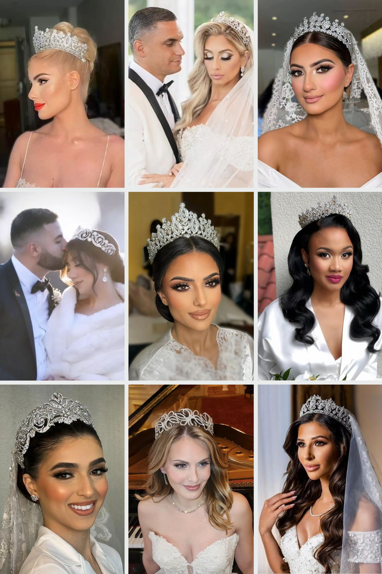 Ten images of brides wearing their sparkling custom tiaras and wedding crowns from Bridal Styles Boutique.