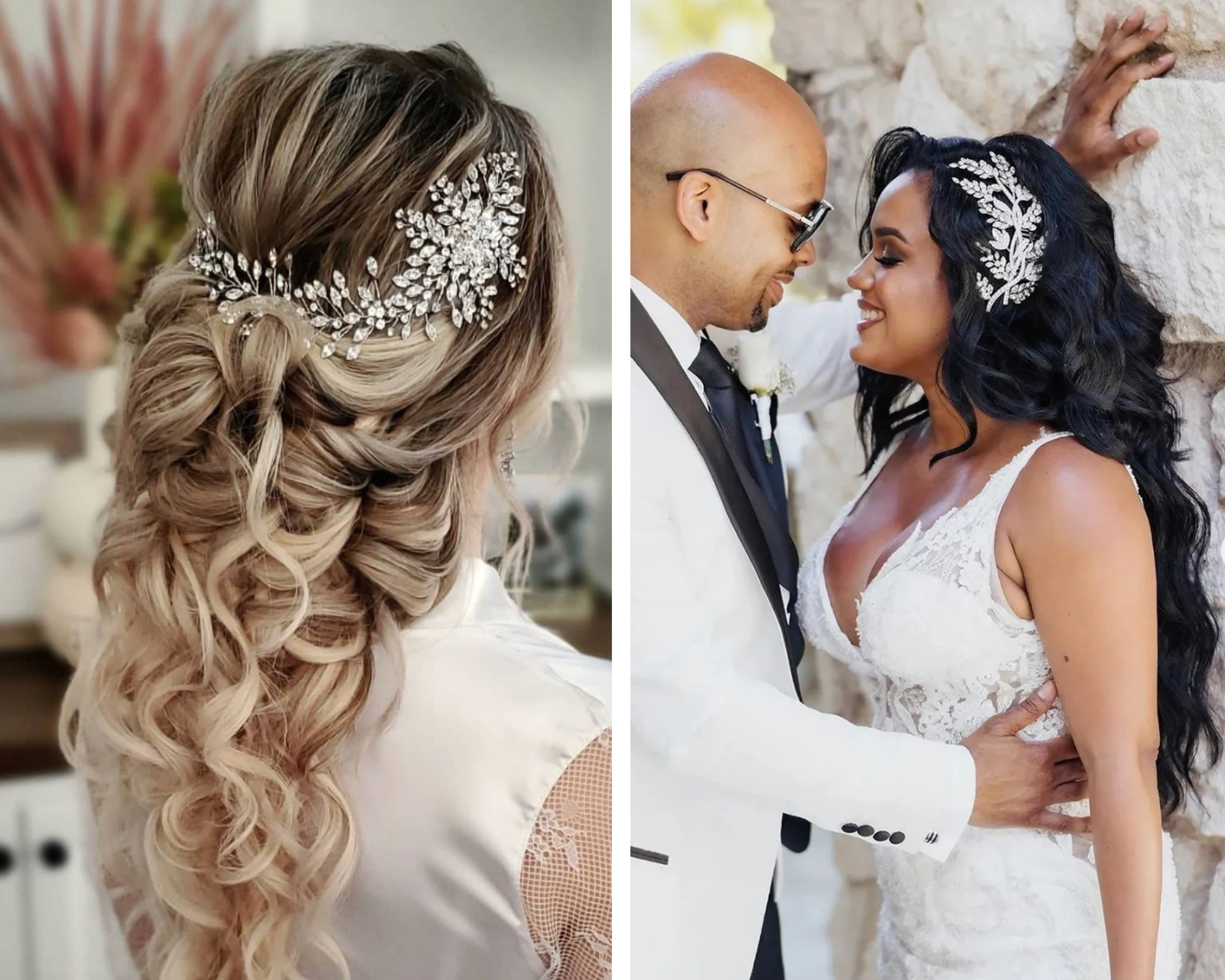 Two curly-haired brides showing off their hairstyles and crystal bridal accessories.
